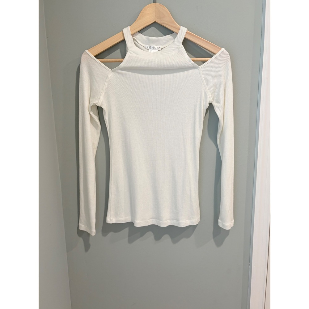 Venus Womens White Ribbed‎ Cold Shoulder Long Sleeve Top XS Z64507 Halter Neck